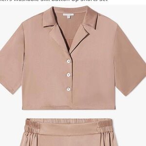 NEW Lunya silk 100% Washable pajama Beige Boxy Button up oversized Top S